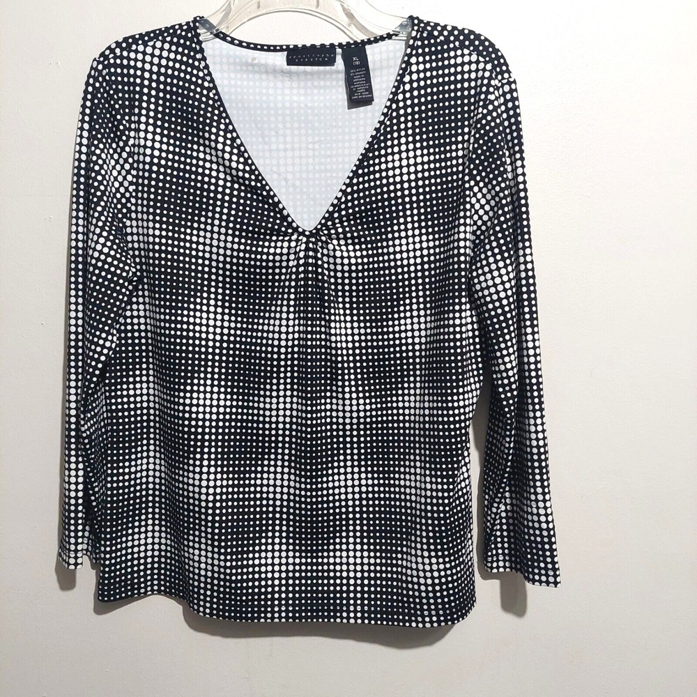 Apostrophe Womens 18 Stretch Pullover Blouse Top Black White Polka Dots V Neck